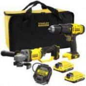 KIT STANLEY V20 LI-ION 18V TALADRO PERCUTOR + MINI-AMOLADORA CON 2 BATERÍAS 2AH, CARGADOR Y BOLSA