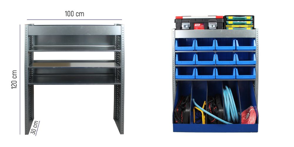 Módulo 1 de estanterías metálicas Tayg instalado en furgoneta industrial