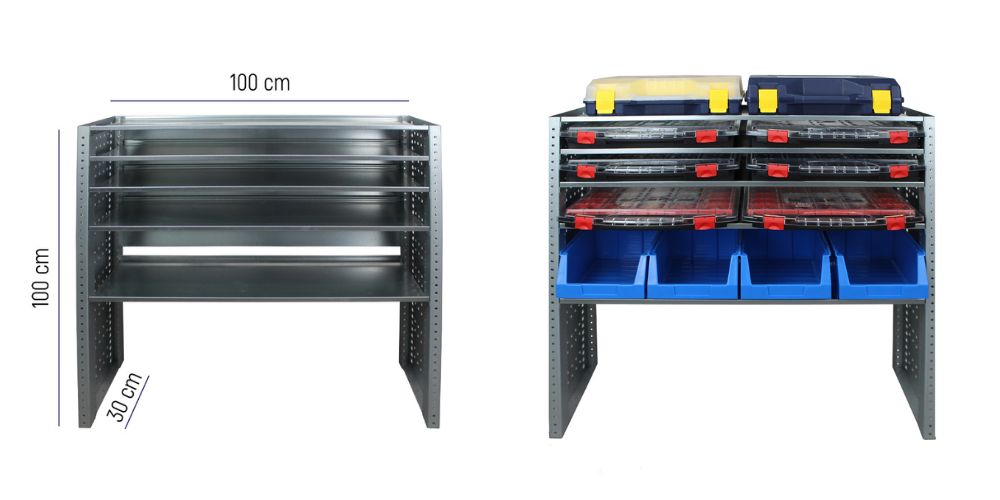Módulo 2 de estanterías metálicas Tayg instalado en furgoneta industrial