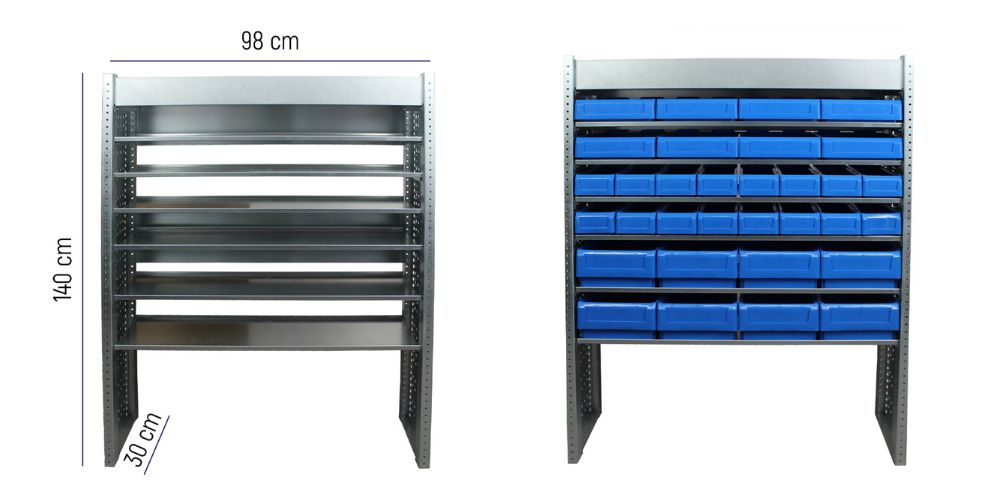 Módulo 3 de estanterías metálicas Tayg instalado en furgoneta industrial